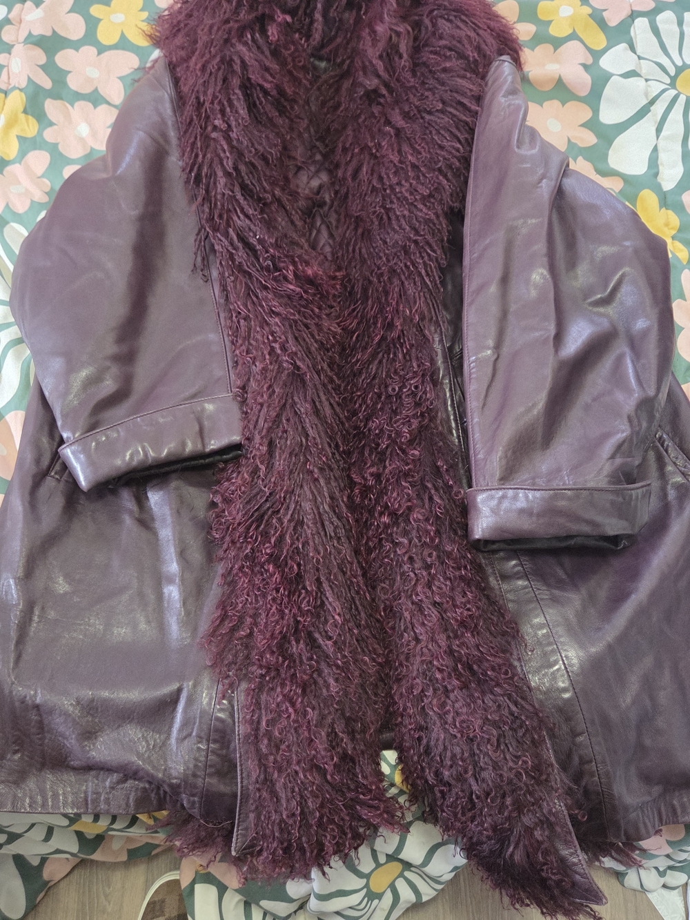 Unknown  Brand Plum Faux Leather Jacket with Plush Fur Shawl Collar